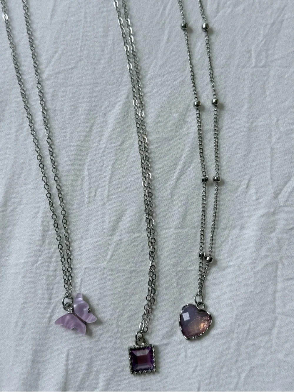 Brand New Y2K Silver Purple Fairycore Butterfly Heart Charm Pendant Necklace Set